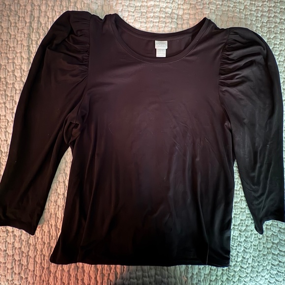 Chico's, sz 2, black, puff sleeve, avant guard comfy cotton shirt - Picture 1 of 4